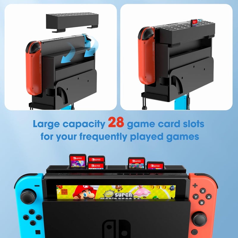 KUNSLUCK KUNSLCUK Wall Mount for Switch and Switch OLED, Metal Wall Mount Stand Accessories with 28 Game Cards Holder and 2 Joy-Con Hooks, Safely Mount Your Switch on Wall Near TV (Black) - Image 3